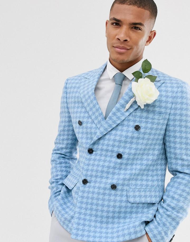 Asos Design Wedding Slim Crop Double Breasted Blazer With Wool Mix Large Scale Houndstooth In Blue
