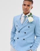 Asos Design Wedding Slim Crop Double Breasted Blazer With Wool Mix Large Scale Houndstooth In Blue