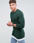 Asos T-shirt With 3/4 Length Sleeves And Hem Extender - Green