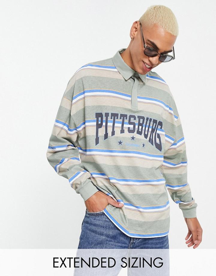 Asos Design Oversized Long Sleeve Polo T-shirt In Khaki Stripe With Pittsburg Print-green