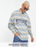 Asos Design Oversized Long Sleeve Polo T-shirt In Khaki Stripe With Pittsburg Print-green