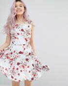 Yumi Belted Skater Dress In Romantic Floral Print - White