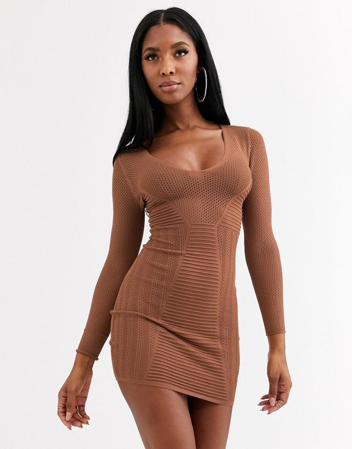 Asos Design Mesh Detail Deep V Structured Mini Dress-brown