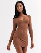 Asos Design Mesh Detail Deep V Structured Mini Dress-brown