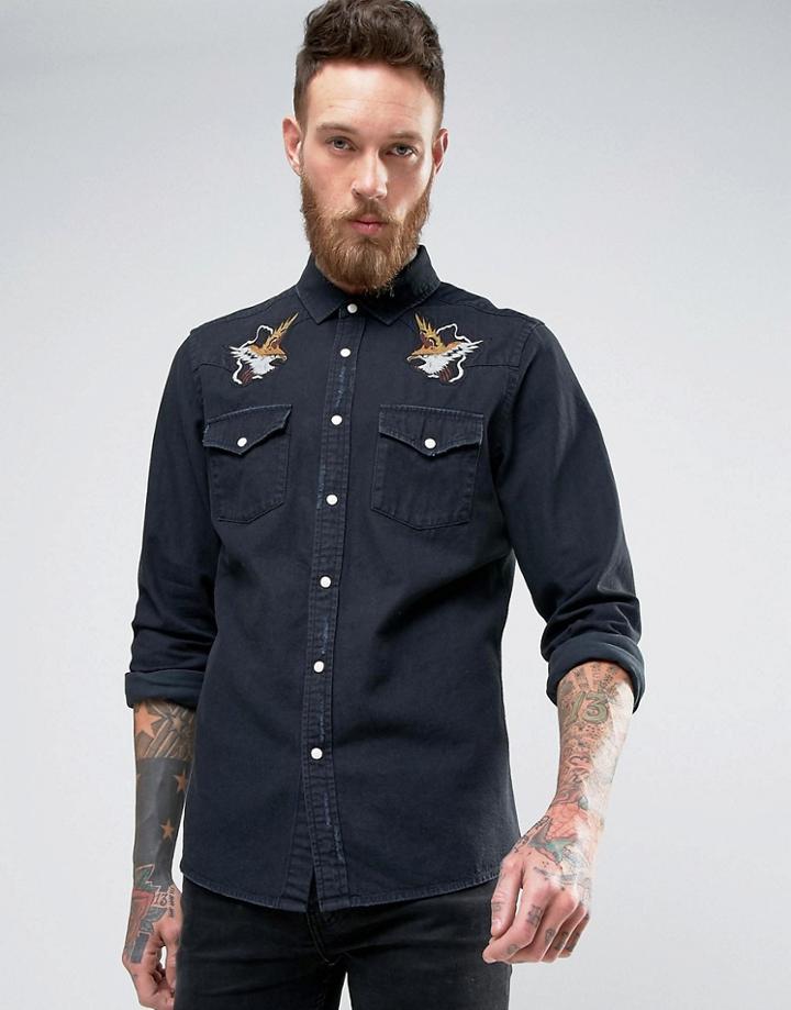 Asos Regular Fit Western Denim Shirt With Distressing And Placement Em