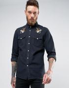 Asos Regular Fit Western Denim Shirt With Distressing And Placement Em