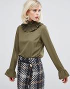 Lost Ink Double Ruffle High Neck Top - Green