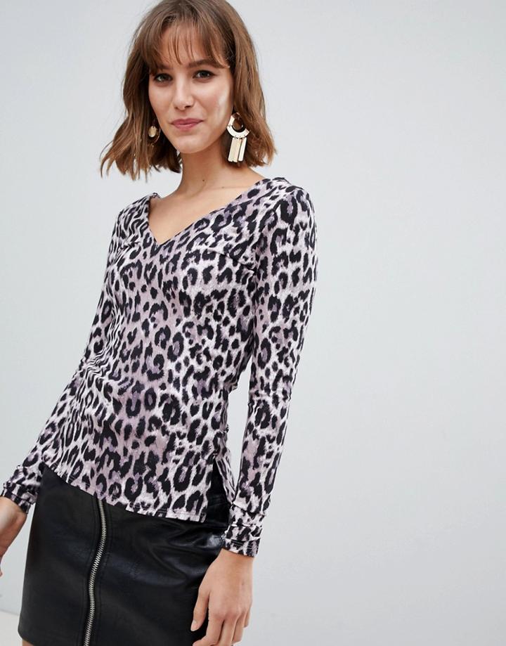 River Island V Front And Back Top In Leopard-multi