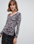 River Island V Front And Back Top In Leopard-multi