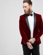 Asos Skinny Blazer In Burgundy Quilted Velvet - Red