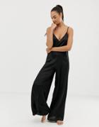 Asos Design Mesh Insert Satin Jumpsuit - Black