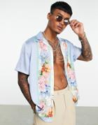 Asos Design Relaxed Satin Shirt With Floral Border Print-blue