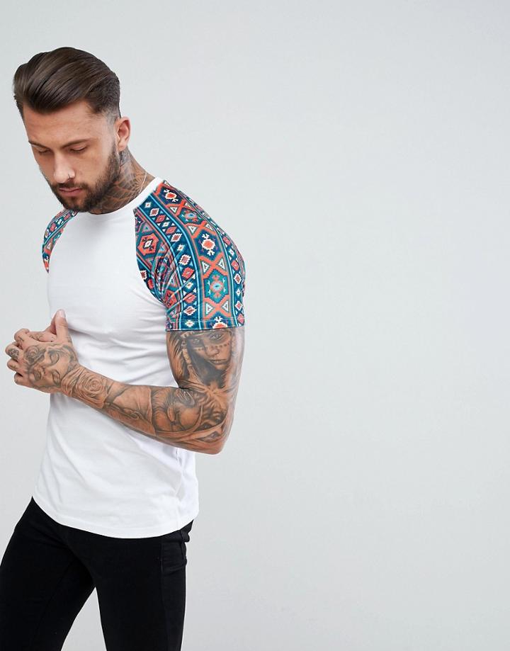 Asos Raglan T-shirt With Geo-tribal Velour Printed Sleeves - White