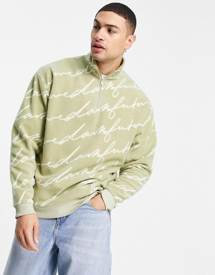 Asos Dark Future Oversized Zip Through Funnel Neck Polar Fleece In Beige With All Over Signature Print-neutral