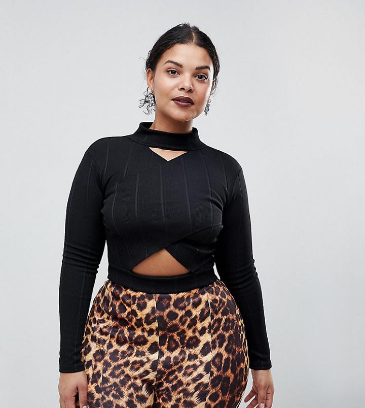 Lasula Plus Wrap Over Crop Top - Black