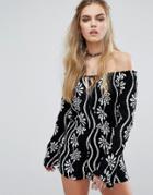 Honey Punch Off Shoulder Romper In All Over Embroidery - Black