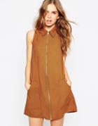 Asos Sleeveless Zip Through Shirt Dress - Rust