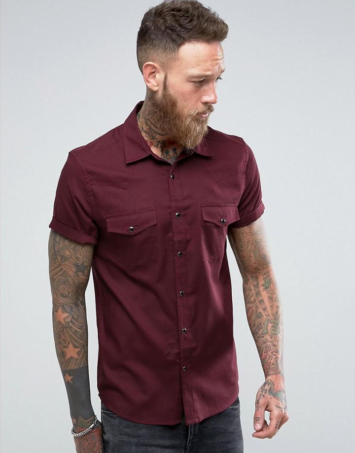 Asos Regular Fit Viscose Western Shirt In Burgundy - Red