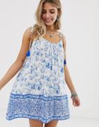 En Creme Border Print Cami Dress With Tassle Detail - Multi