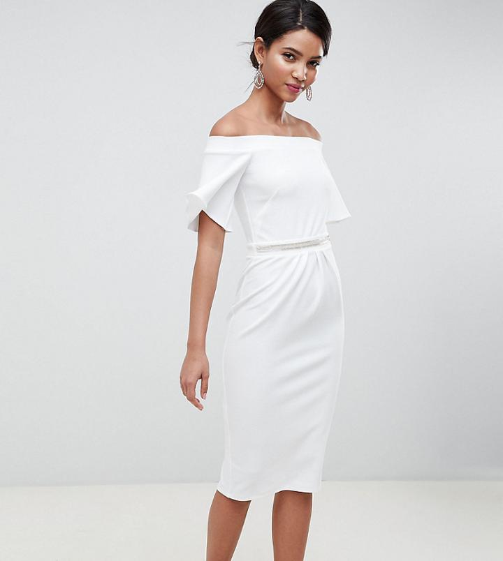 Silver Bloom Bandeau Midi Dress With Fluted Sleeve And Embellished Waist In Ivory - White