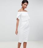 Silver Bloom Bandeau Midi Dress With Fluted Sleeve And Embellished Waist In Ivory - White