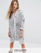 Religion Oversized Longline Shirt In Silver Sequin - Silver