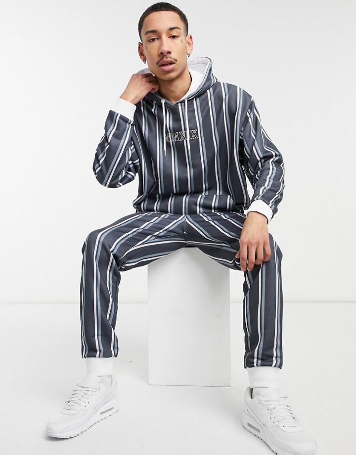 Asos Design Oversized Hoodie Set With All Over Stripes And Chest Embroidery-multi