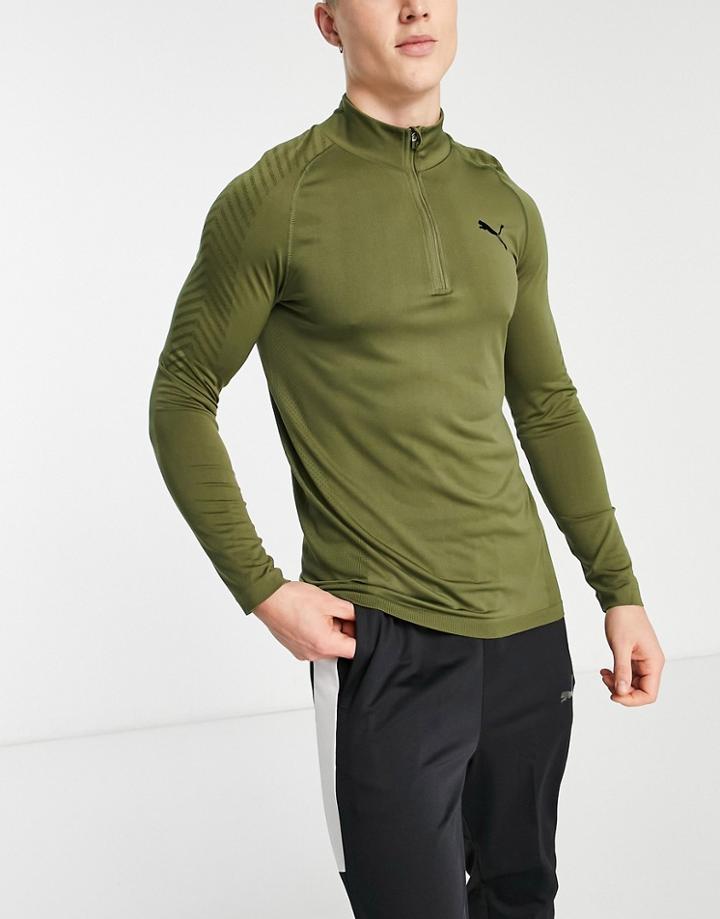 Puma Training Formknit Seamless Half Zip Top In Khaki-green