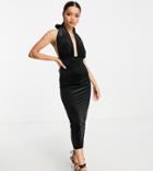 Asos Design Petite Velvet Halter Cross Front Maxi Dress In Black