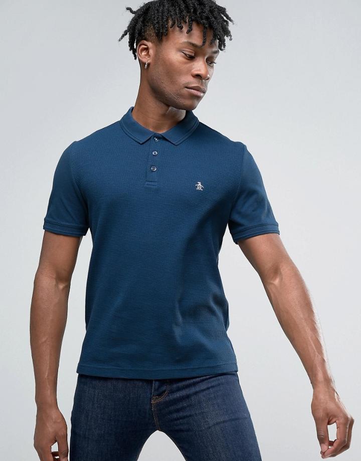 Original Penguin Waffle Polo Slim Fit Small Logo In Dark Denim - Navy