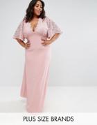 John Zack Plus Maxi Dress With Fluted Lace Sleeve - Pink