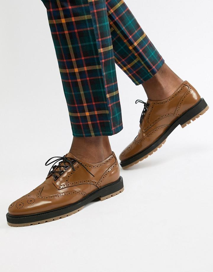 Asos Design Brogue Shoes In Tan Leather With Chunky Sole - Tan