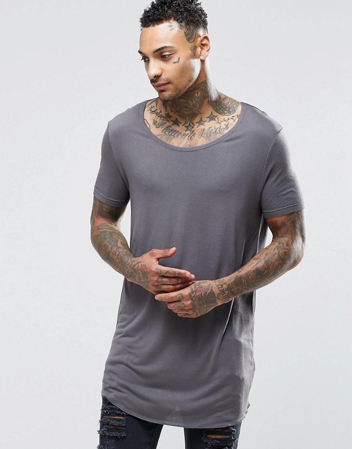 Asos Super Longline T-shirt With Curved Hem And Deep Scoop Neck - Plum Kitten