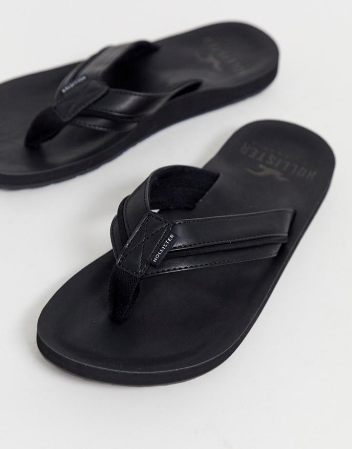 Hollister Tab Logo Leather Flip Flops In Black