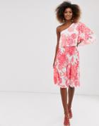 Asos One Shoulder Pleated Crop Top Mini Dress In Floral Print