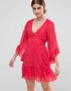 Jasmine Skater Dress With Ruffled Hem And Sleeves - Red