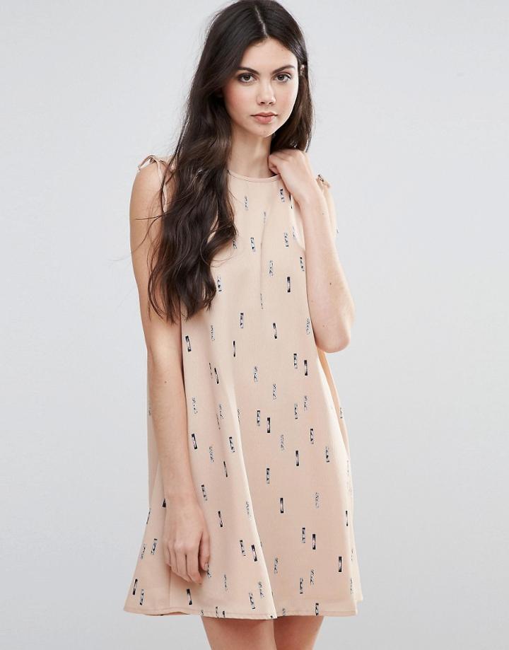 Vila Printed Skater Dress With Tie Sleeve - Tan