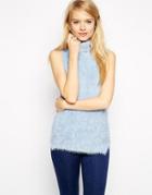Asos Sleeveless Knit Top In Fluffy Yarn With Roll Neck - Blue