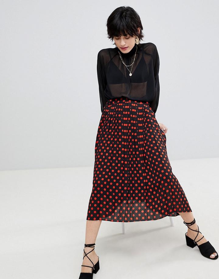 Warehouse Polka Dot Pleated Midi Skirt - Multi