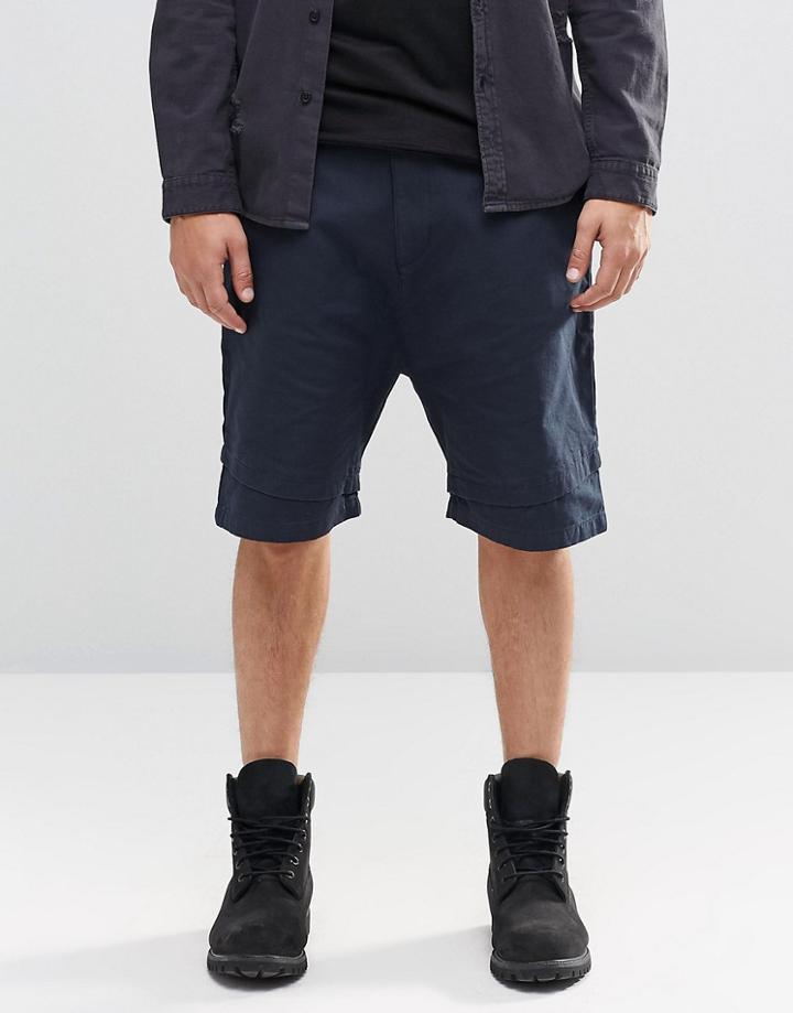Asos Drop Crotch Shorts With Double Layer Hem In Navy - Navy