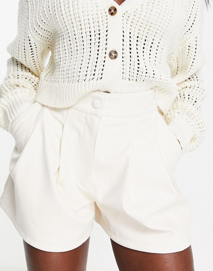 Miss Selfridge Faux Leather Button Shorts In Cream-white
