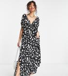 Asos Design Petite Recycled Flutter Sleeve Maxi Beach Dress In Mono Spot Print-multi