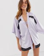 Bluebella Cashmar Satin Kimono With Lace Trim In Lilac-purple