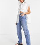 Asos Design Petite 90s Straight Jeans In Mid Blue