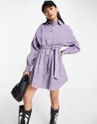 Asos Design Corduroy Oversized Belted Dress In Lavender-purple