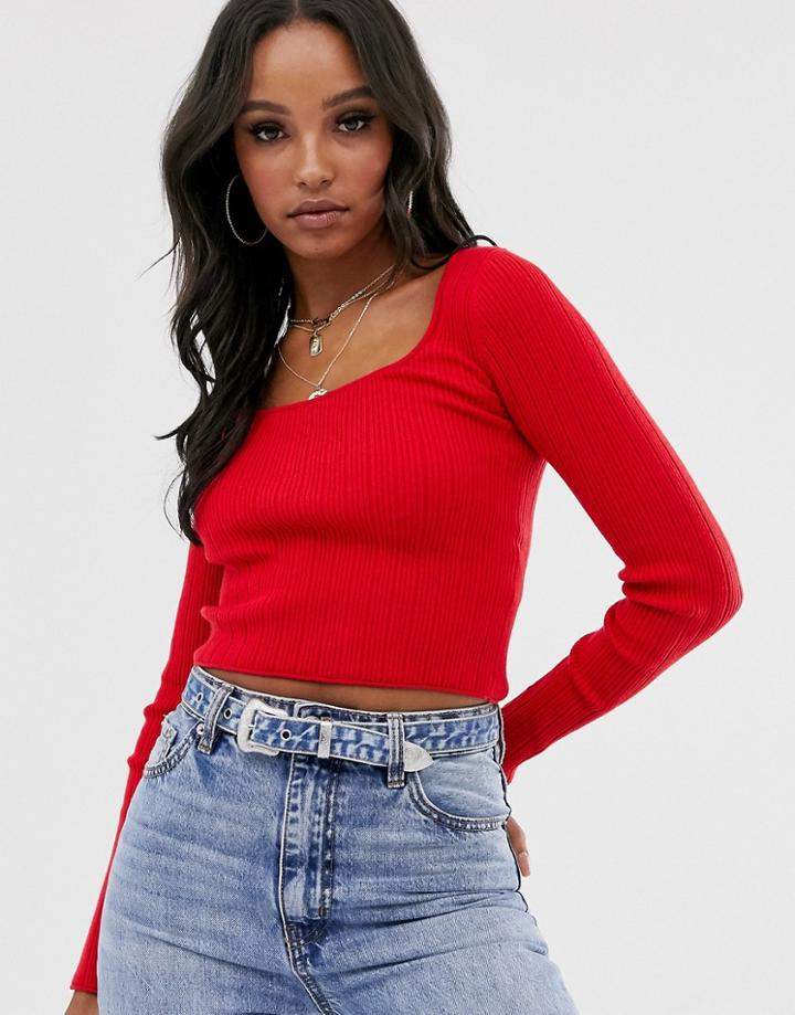 Asos Design Scoop Neck Long Sleeve Sweater In Fine Knit Rib-red