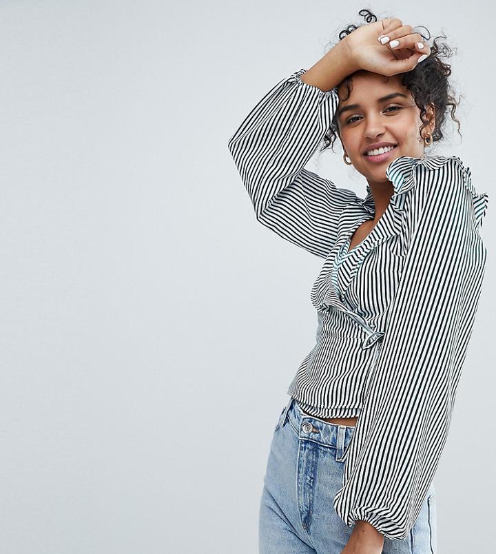 Monki Stripe Ruffle Wrap Blouse