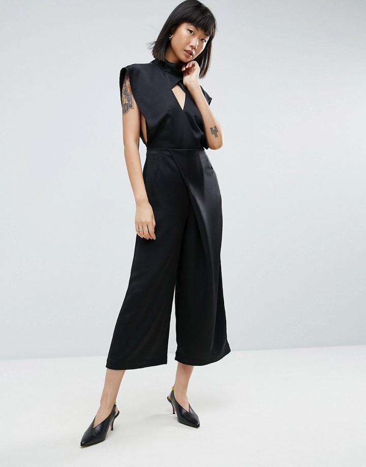 Asos White Cross Front Satin Jumpsuit - Black