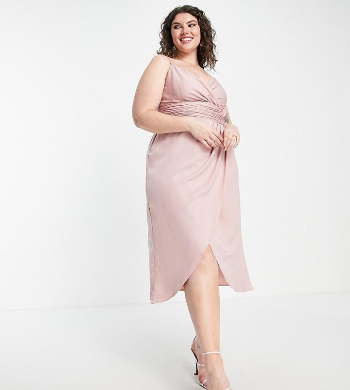 Little Mistress Bridesmaid Plus Satin Wrap Dress In Pink