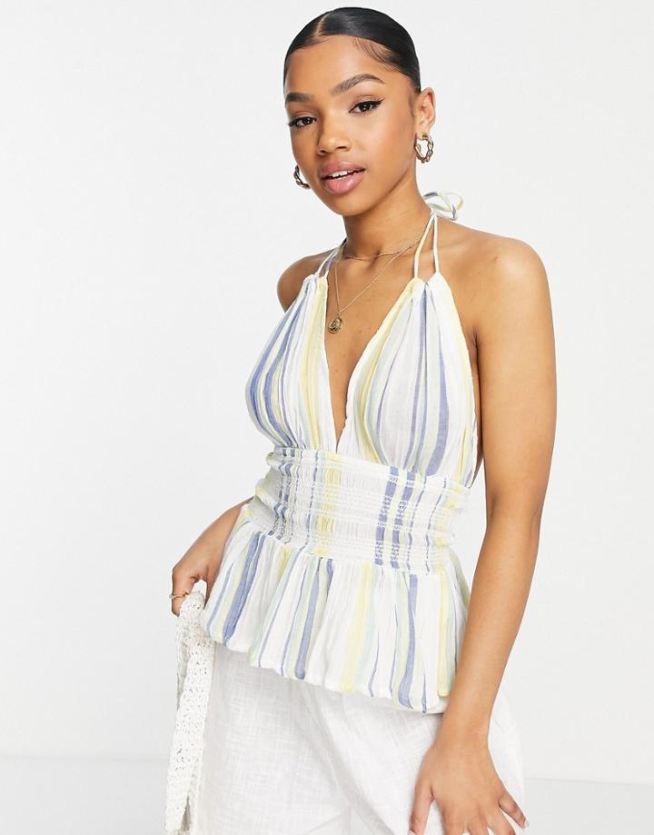 Asos Design Halter Sun Top With Shirred Waist In Stripe-multi